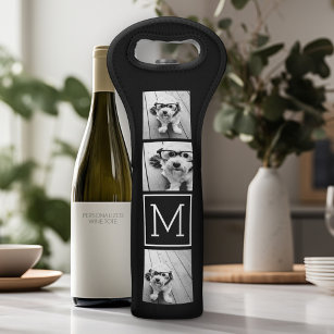 Black and White Trendy Photo Collage with Monogram Wine Bag