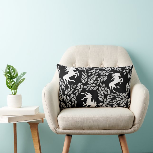 Black and White Trendy Unicorn & Floral Pattern Lumbar Cushion (Chair)