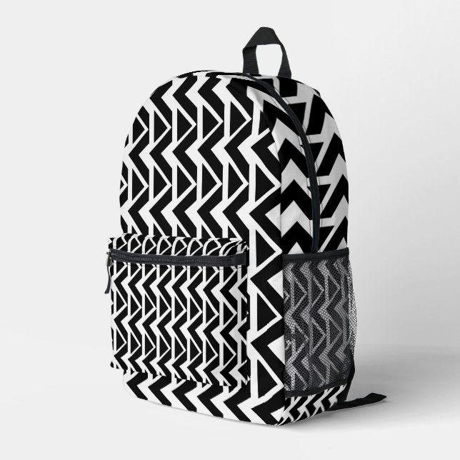 Black and White Triangle Chevron Stripe Pattern Printed Backpack (Back Corner Right)