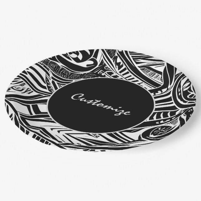 Black And White Tribal Abstract  Paper Plate (Angled)