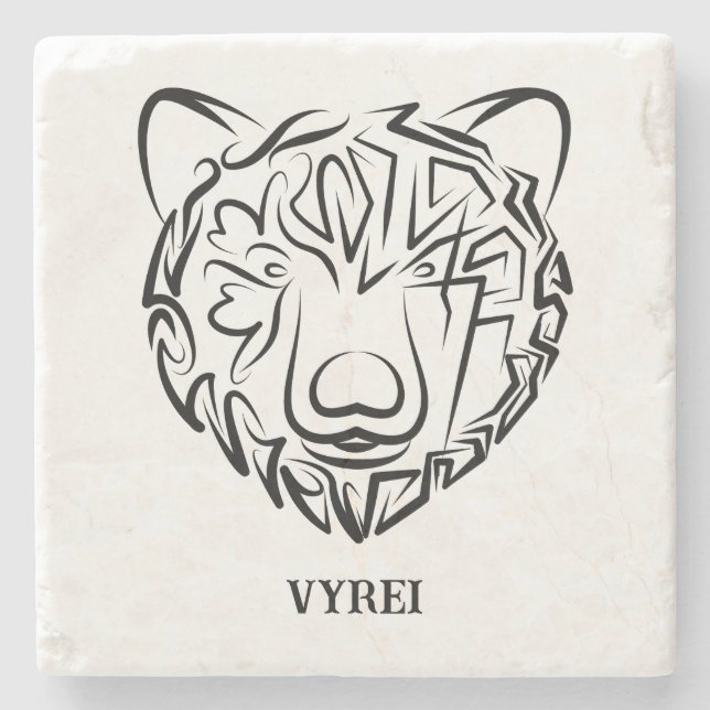 Black and White Tribal Bear Stone Coaster (Front)