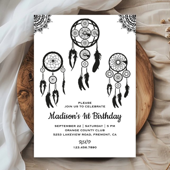 Black and White Tribal Boho Dream Catcher Birthday Invitation (Creator Uploaded)