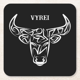 Black and White Tribal Bull / Ox Square Paper Coaster