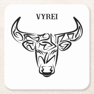 Black and White Tribal Bull / Ox Square Paper Coaster