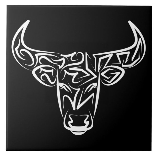 Black and White Tribal Bull / Ox Tile (Front)