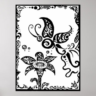 Black and white tribal butterfly poster