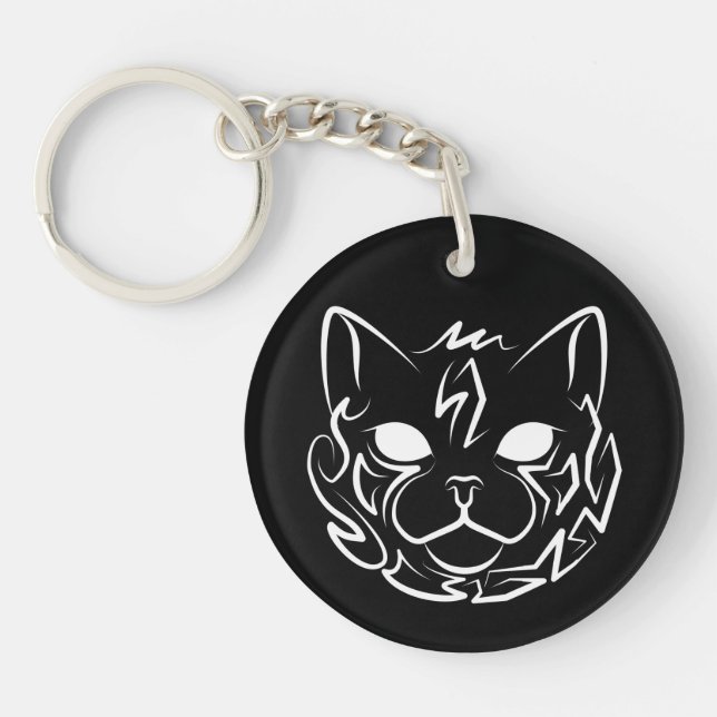 Black and White Tribal Cat Key Ring (Front)