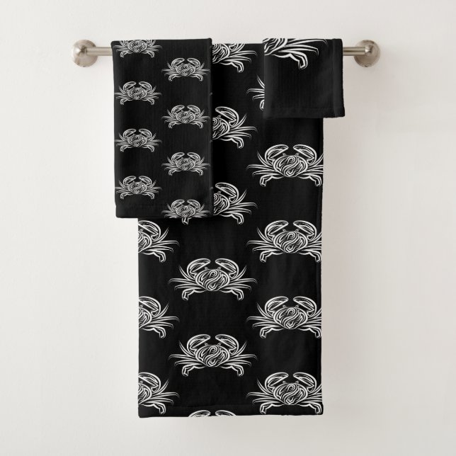 Black and White Tribal Crab Bath Towel Set (Insitu)