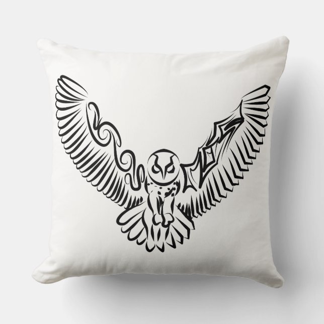 Black and White Tribal Flying Owl Cushion (Front)