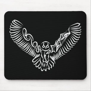 Black and White Tribal Flying Owl Mouse Pad
