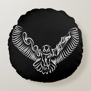 Black and White Tribal Flying Owl Round Cushion