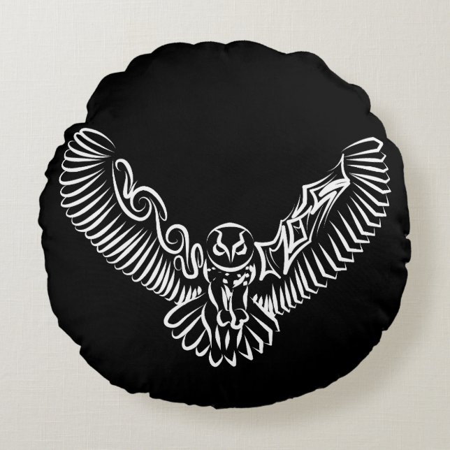 Black and White Tribal Flying Owl Round Cushion (Front)