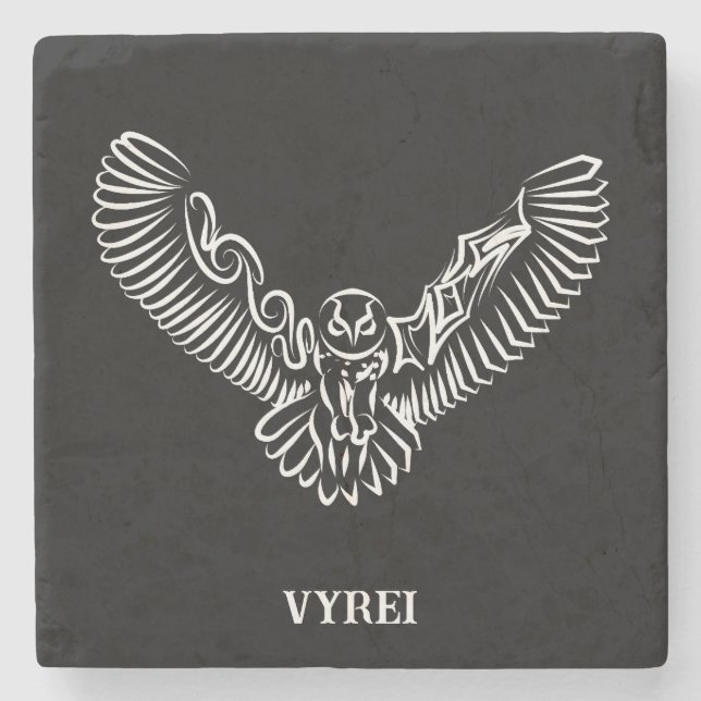 Black and White Tribal Flying Owl Stone Coaster (Front)