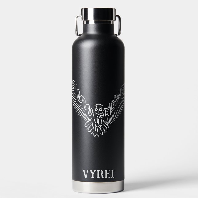 Black and White Tribal Flying Owl Water Bottle (Front)
