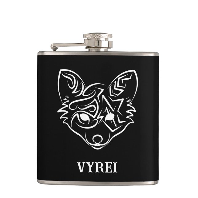 Black and White Tribal Fox Hip Flask (Front)
