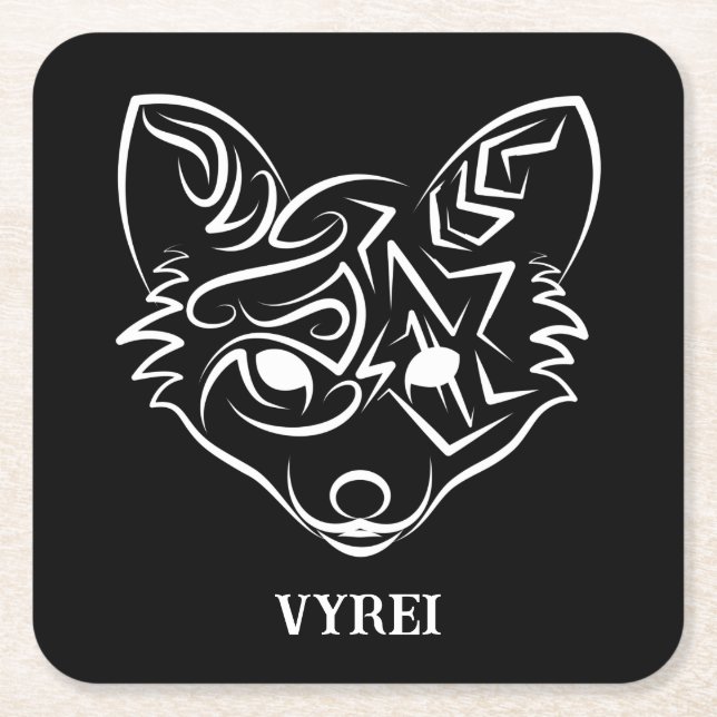 Black and White Tribal Fox Square Paper Coaster (Front)