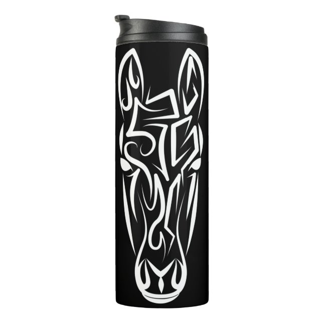 Black and White Tribal Horse Thermal Tumbler (Rotated Right)