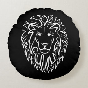 Black and White Tribal Lion Round Cushion