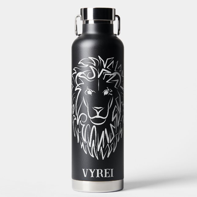 Black and White Tribal Lion Water Bottle (Front)