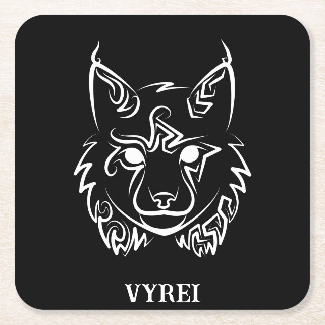 Black and White Tribal Lynx Square Paper Coaster (Front)