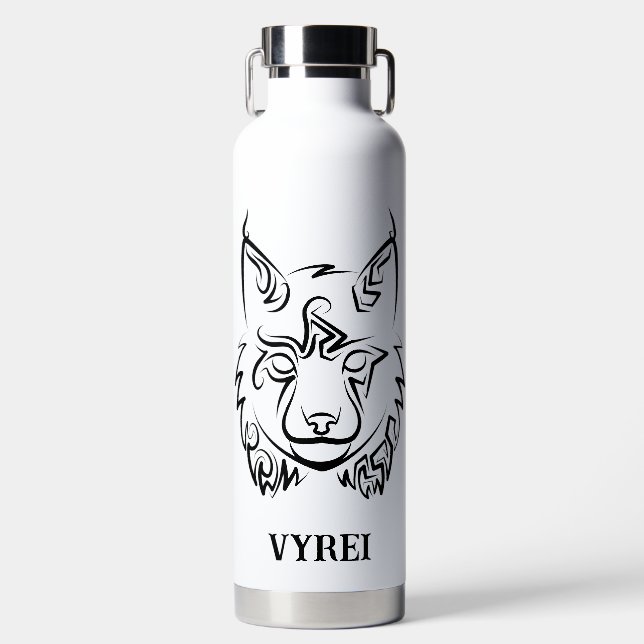 Black and White Tribal Lynx Water Bottle (Front)