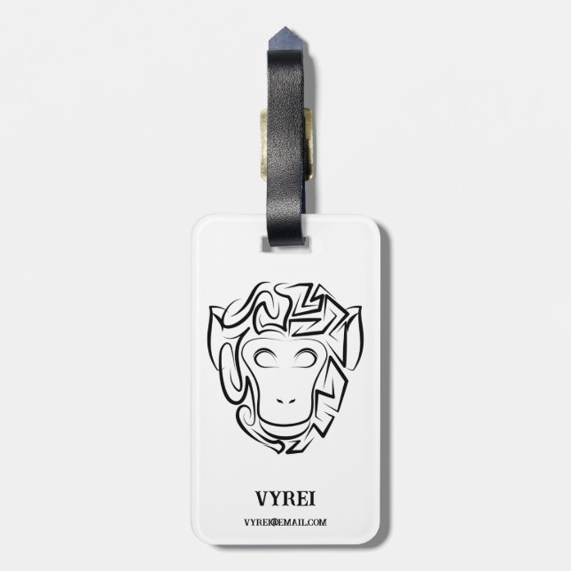 Black and White Tribal Monkey Luggage Tag (Back Vertical)