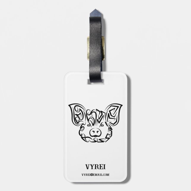 Black and White Tribal Pig Luggage Tag (Back Vertical)