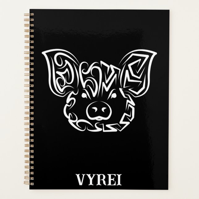 Black and White Tribal Pig Planner (Front)