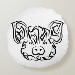 Black and White Tribal Pig Round Cushion