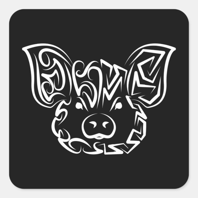 Black and White Tribal Pig Square Sticker (Front)