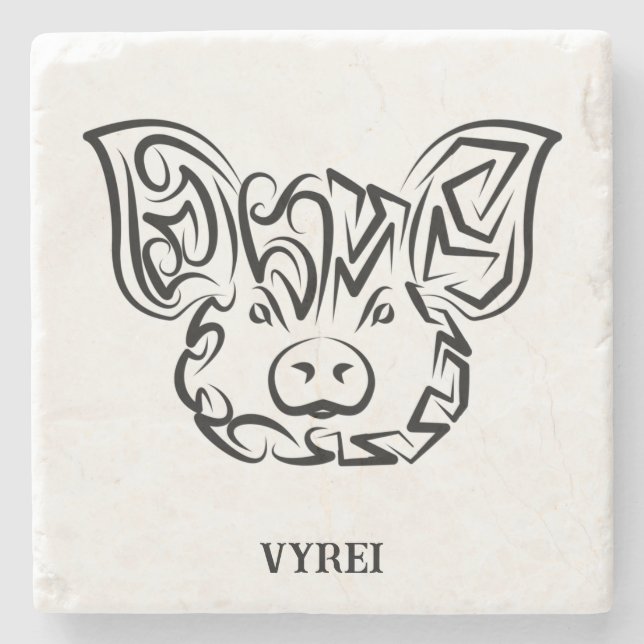 Black and White Tribal Pig Stone Coaster (Front)