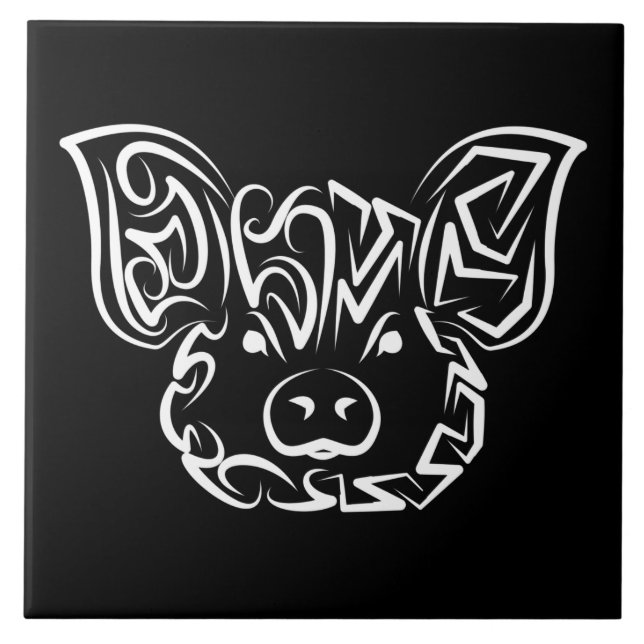 Black and White Tribal Pig Tile (Front)