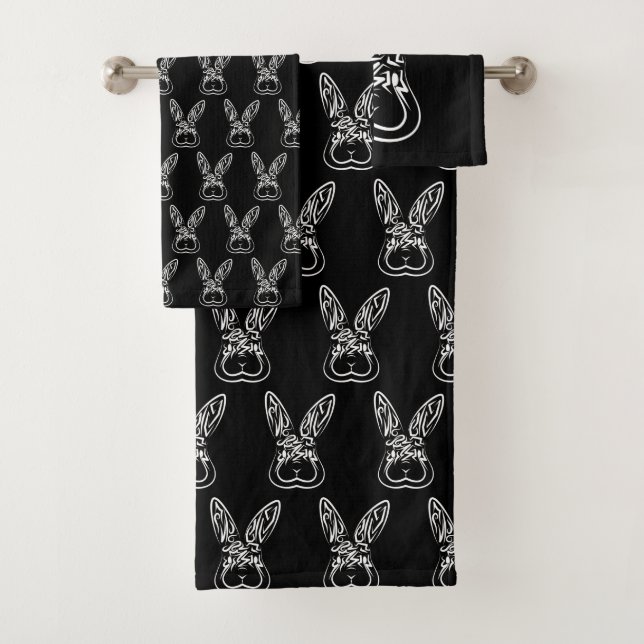 Black and White Tribal Rabbit Bath Towel Set (Insitu)