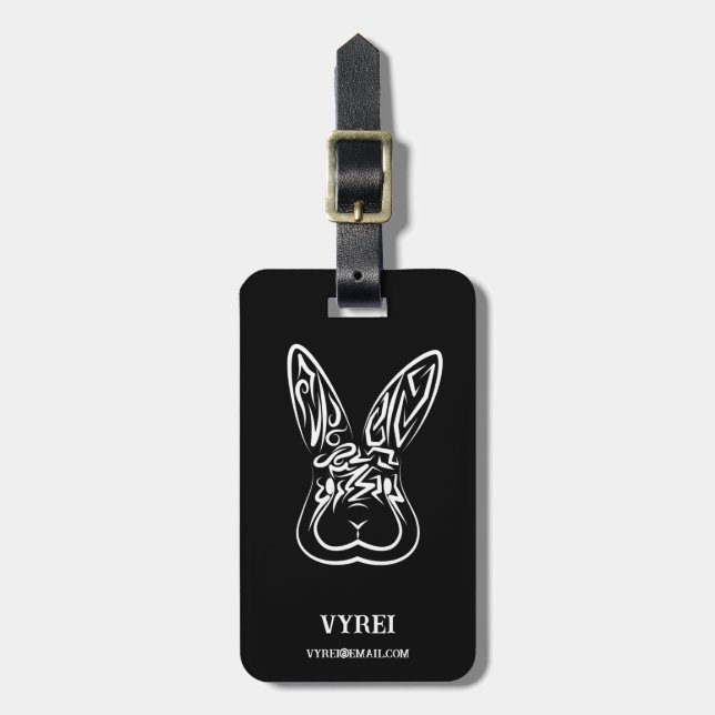 Black and White Tribal Rabbit Luggage Tag (Front Vertical)