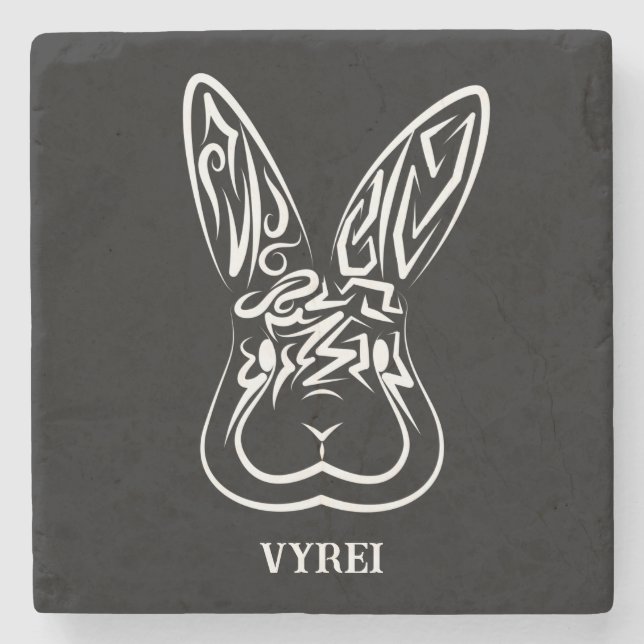 Black and White Tribal Rabbit Stone Coaster (Front)