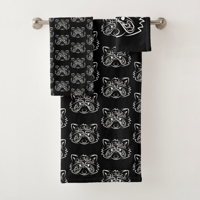 Black and White Tribal Racoon Bath Towel Set (Insitu)