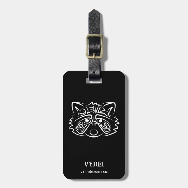Black and White Tribal Racoon Luggage Tag (Front Vertical)
