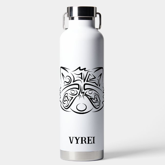 Black and White Tribal Racoon Water Bottle (Front)