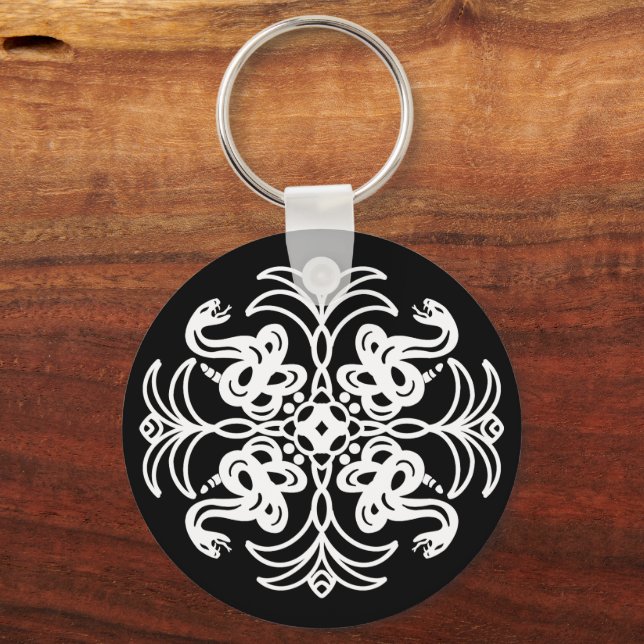 Black and White Tribal Rattlesnake Mandala   Key Ring (Back)