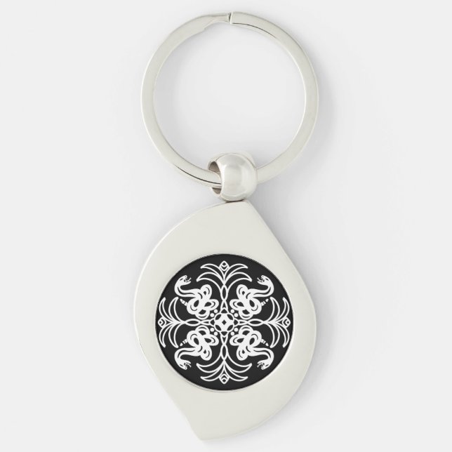 Black and White Tribal Rattlesnake Mandala Key Ring (Front)