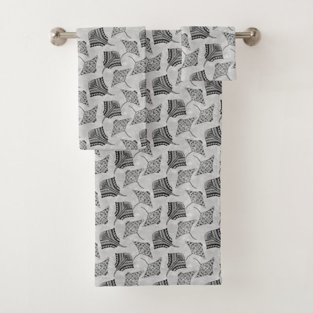 Black and White Tribal Stingrays Bath Towel Set (Insitu)