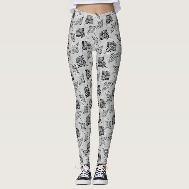 Black and White Tribal Stingrays Leggings (Front)