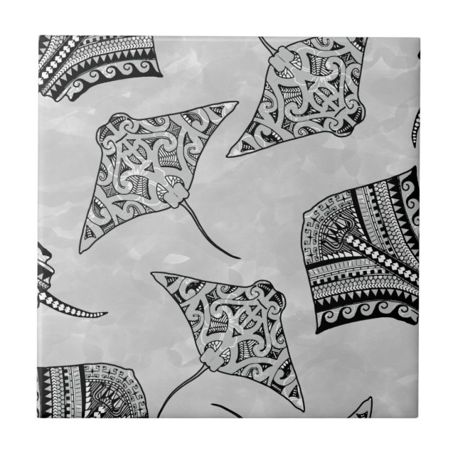 Black and White Tribal Stingrays Tile (Front)