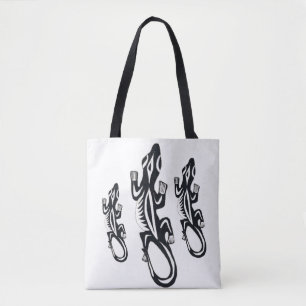 Black and white tribal style lizard tote bag