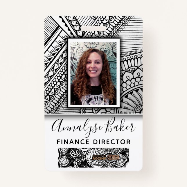 Black and White Tribal Tattoo Employee Photo Name ID Badge (Front)