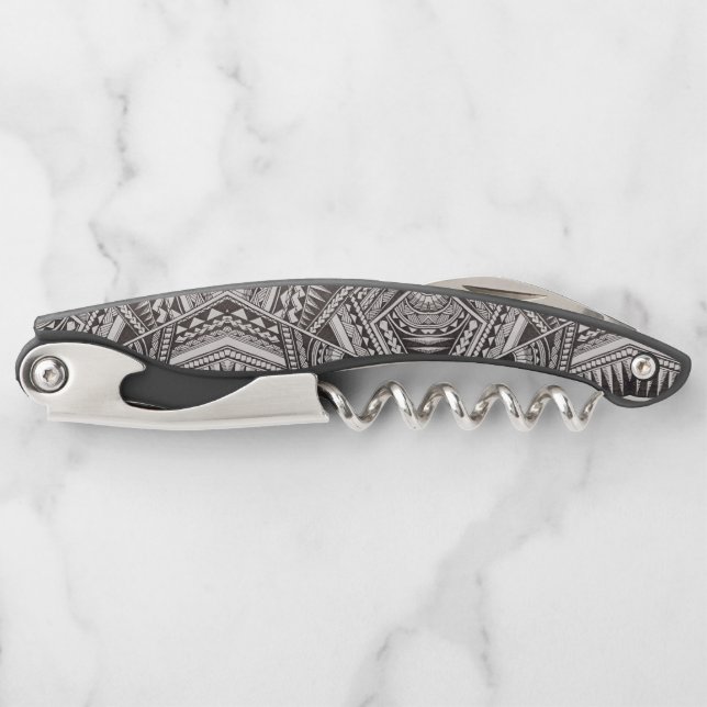 Black and White Tribal Tattoo Pattern Father's Day Corkscrew (Front)