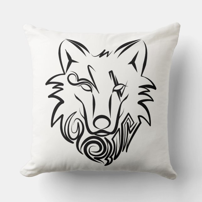 Black and White Tribal Wolf Cushion (Front)
