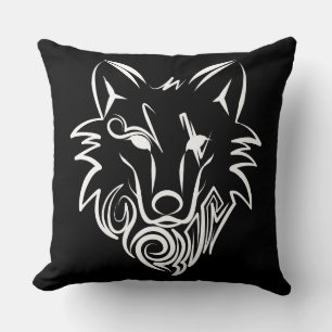 Black and White Tribal Wolf Cushion