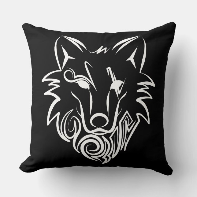 Black and White Tribal Wolf Cushion (Front)