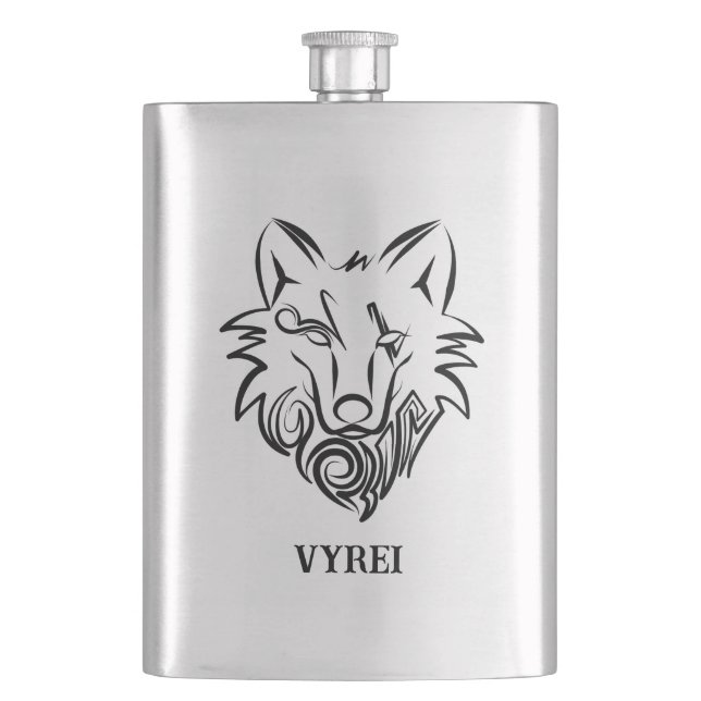 Black and White Tribal Wolf Hip Flask (Front)
